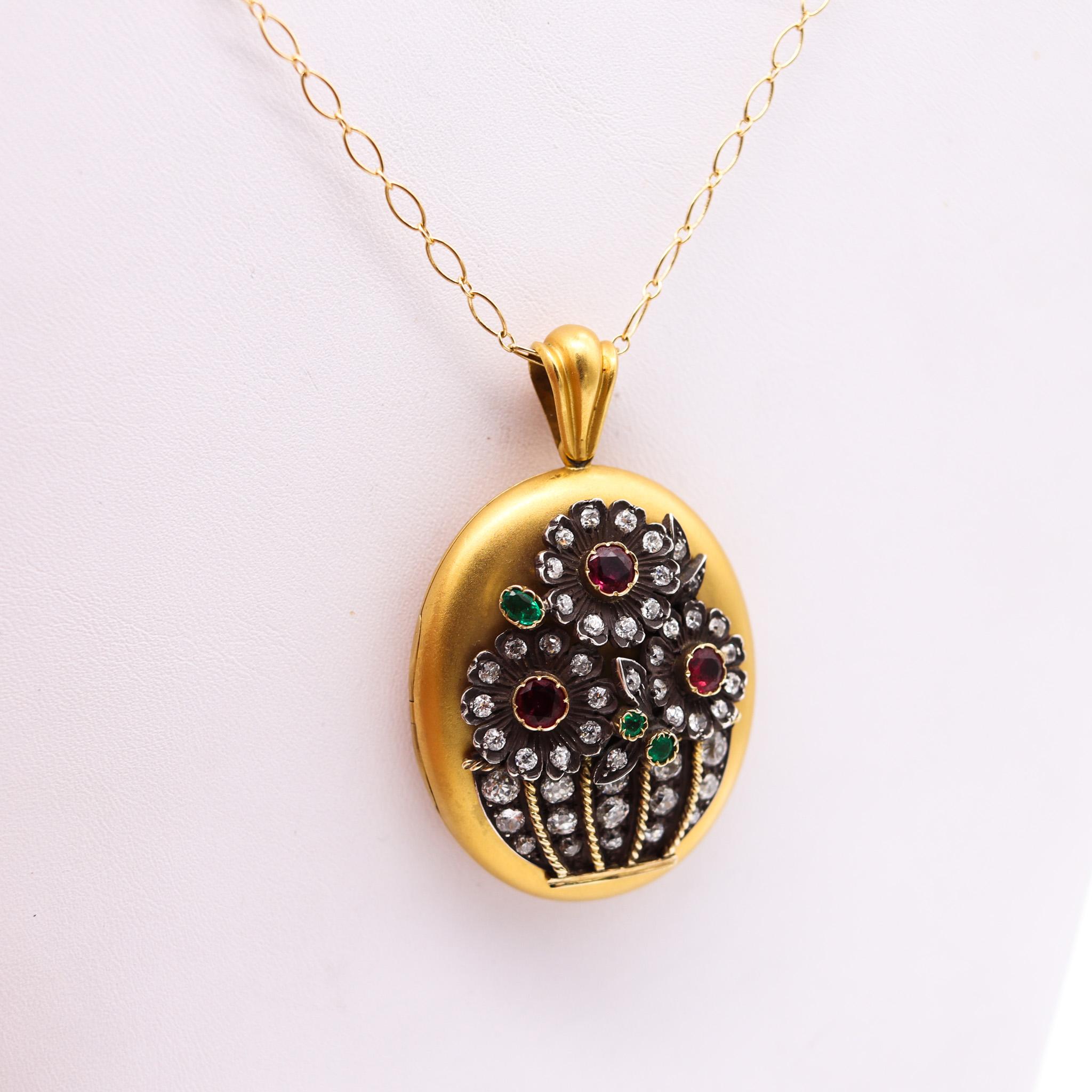 High Victorian Victorian 1890 Pendant Locket in 18kt Gold with 9.44ctw Diamonds Rubies Emerald For Sale