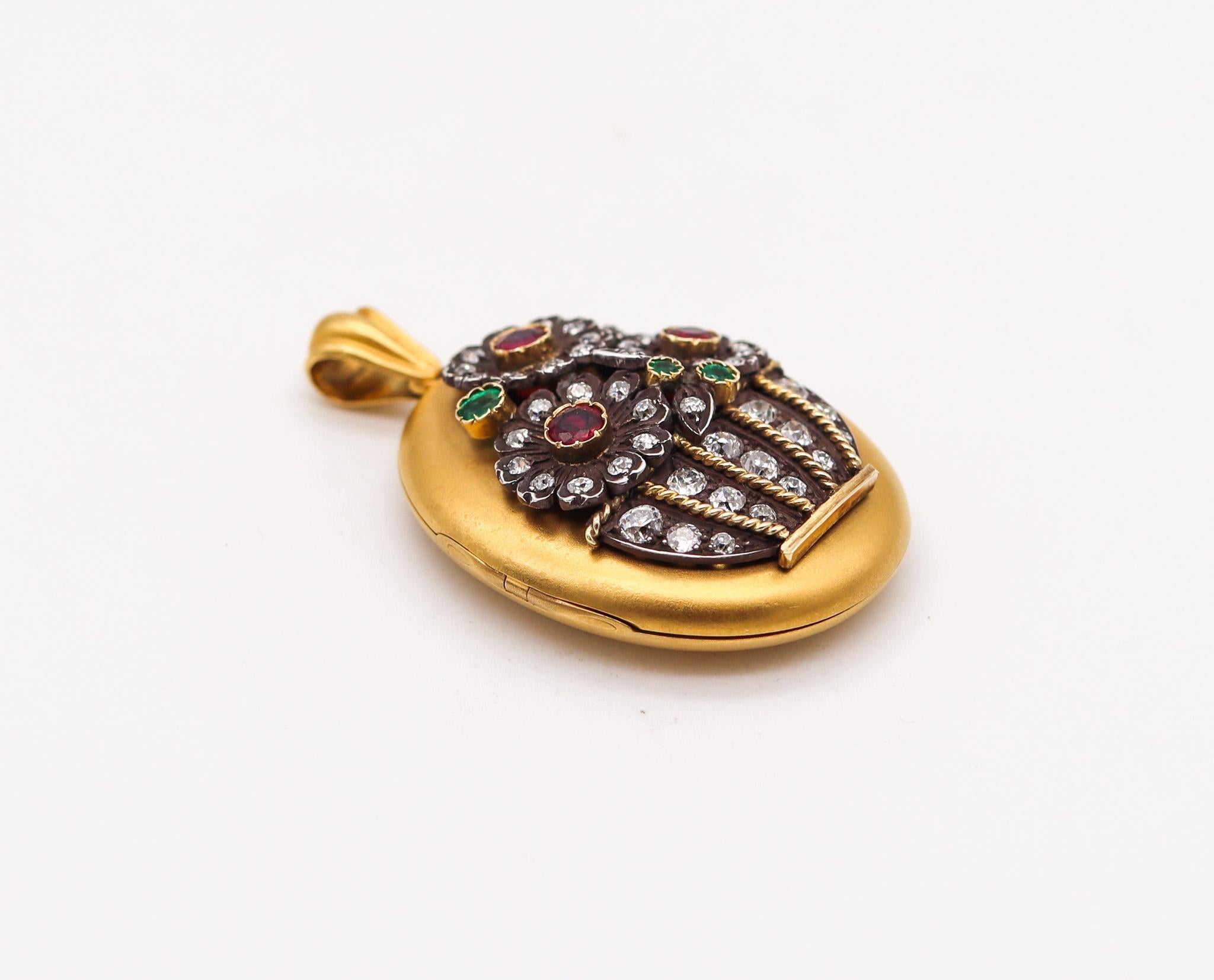 Rose Cut Victorian 1890 Pendant Locket in 18kt Gold with 9.44ctw Diamonds Rubies Emerald For Sale