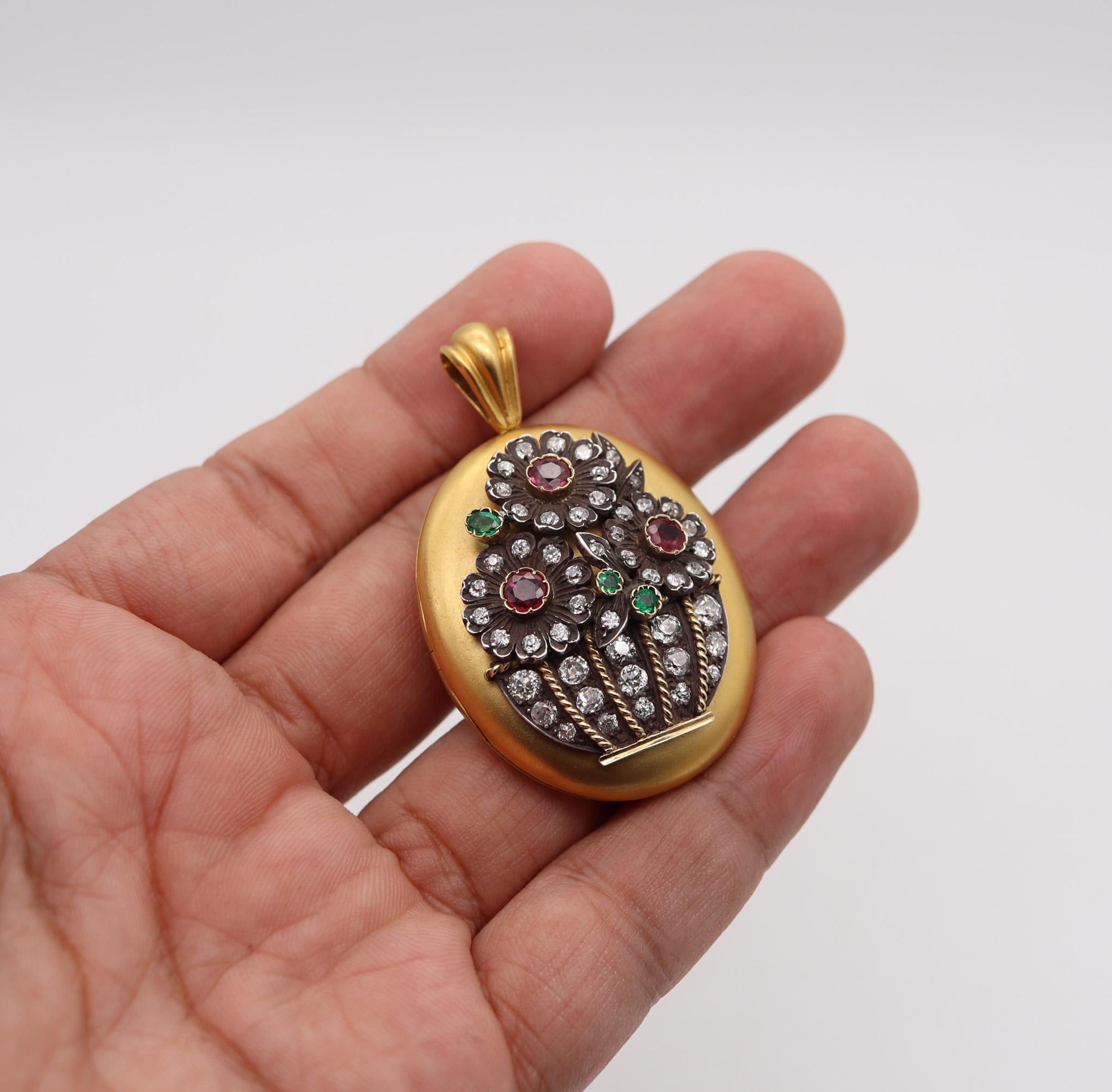 Women's Victorian 1890 Pendant Locket in 18kt Gold with 9.44ctw Diamonds Rubies Emerald For Sale