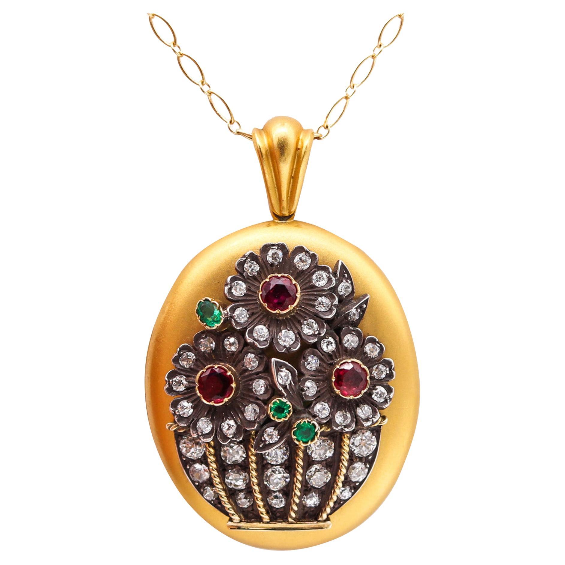 Médaillon pendentif victorien 1890 en or 18 carats avec 9,44 carats de diamants, rubis et émeraudes