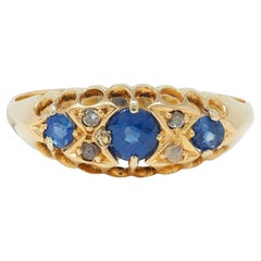 Victorian 1890 Sapphire Diamond 18 Karat Yellow Gold Three Stone Band Ring