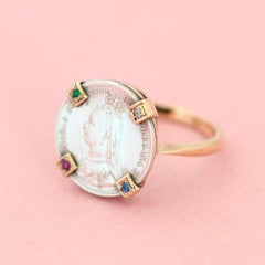 Victorian 1890 Silver Coin 9ct Gold Gemstone Ring