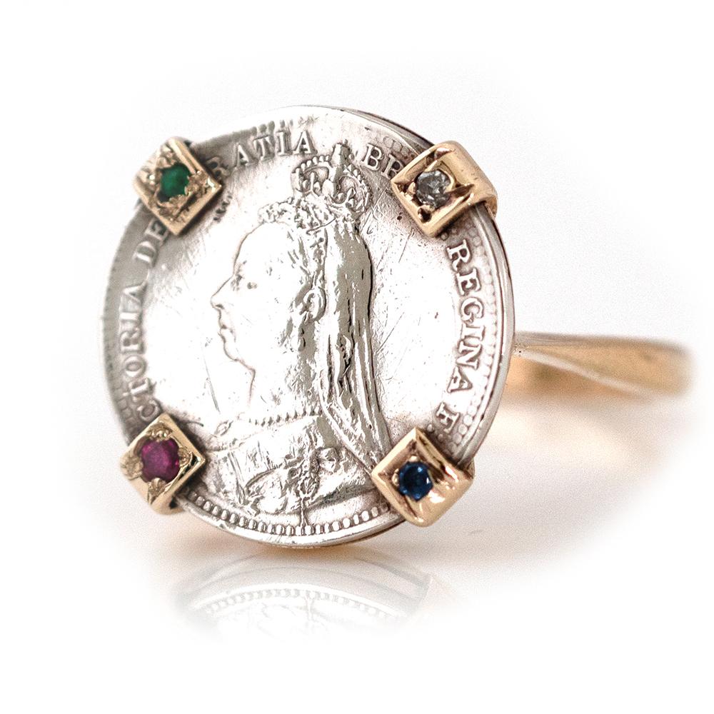 Victorian 1890 Silver Coin 9ct Gold Gemstone Ring In Good Condition For Sale In London, GB