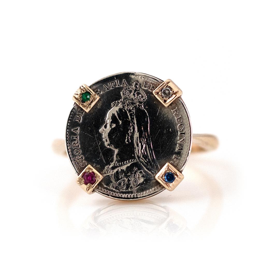 Women's or Men's Victorian 1890 Silver Coin 9ct Gold Gemstone Ring For Sale