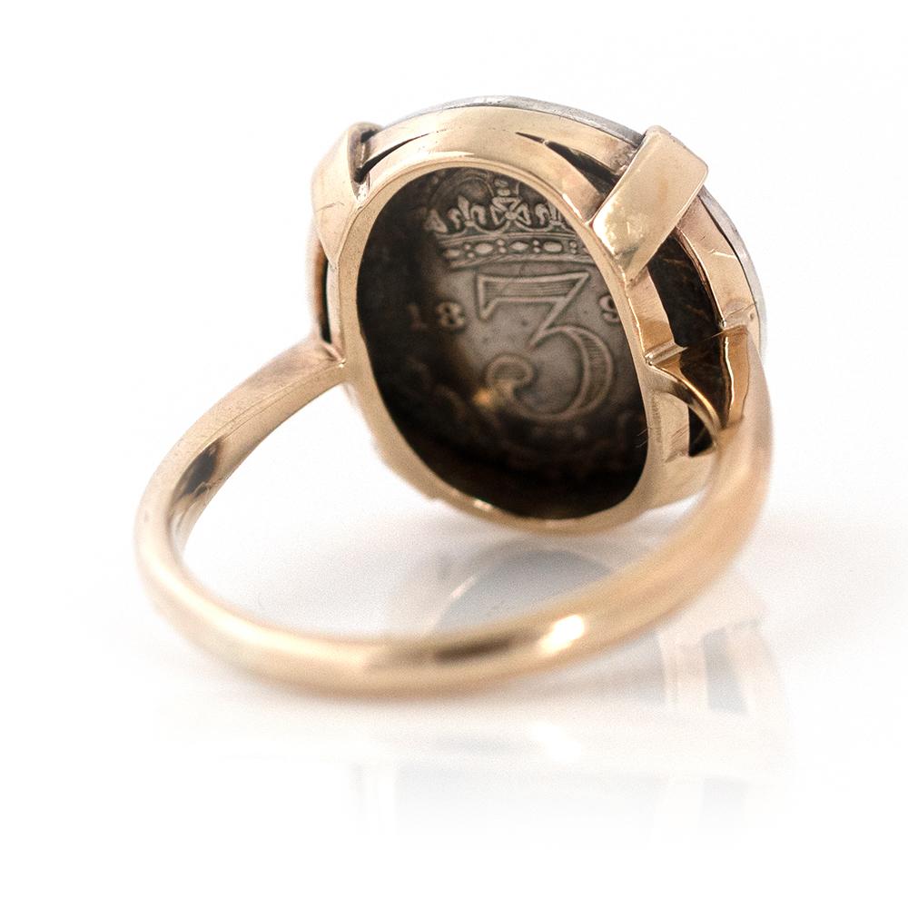 Victorian 1890 Silver Coin 9ct Gold Gemstone Ring For Sale 2
