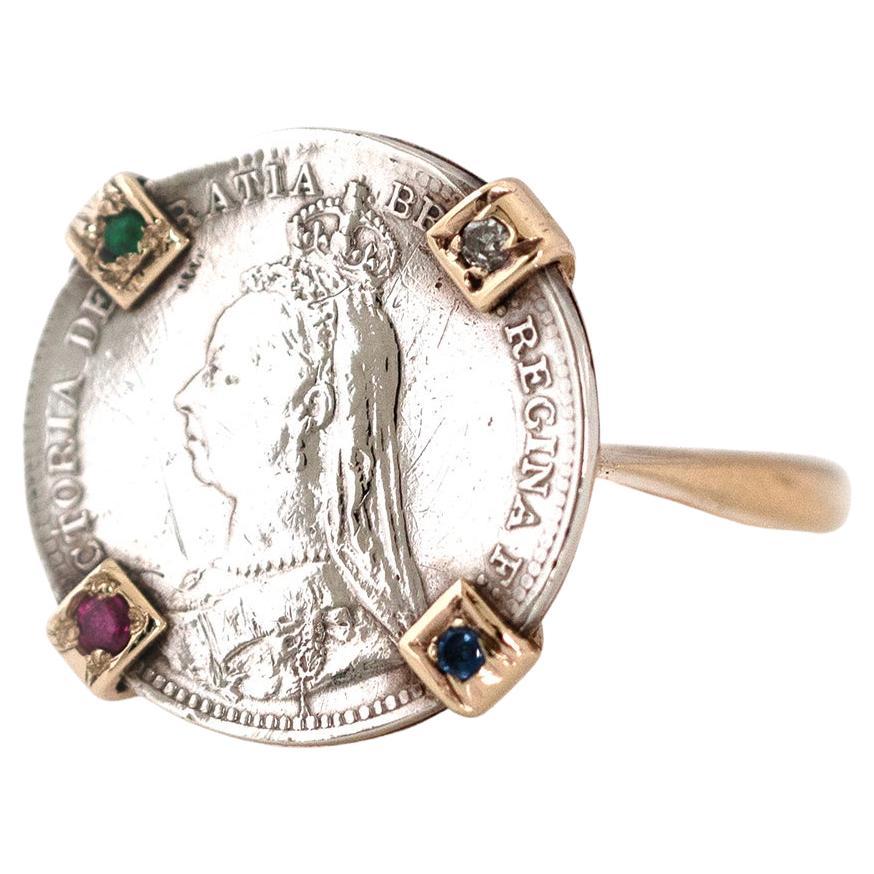 Victorian 1890 Silver Coin 9ct Gold Gemstone Ring For Sale