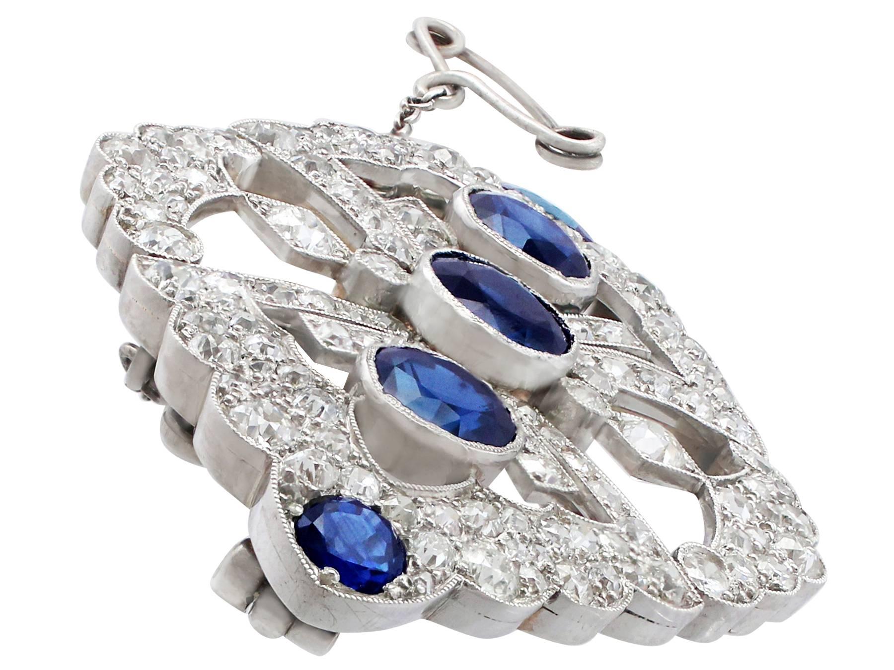 A large and exceptional, impressive Victorian 4.84 Ct sapphire and 4.00 Ct diamond, 9k white gold and platinum set brooch; part of the antique jewelry and estate jewelry collections

The pierced decorated frame of this large and impressive sapphire