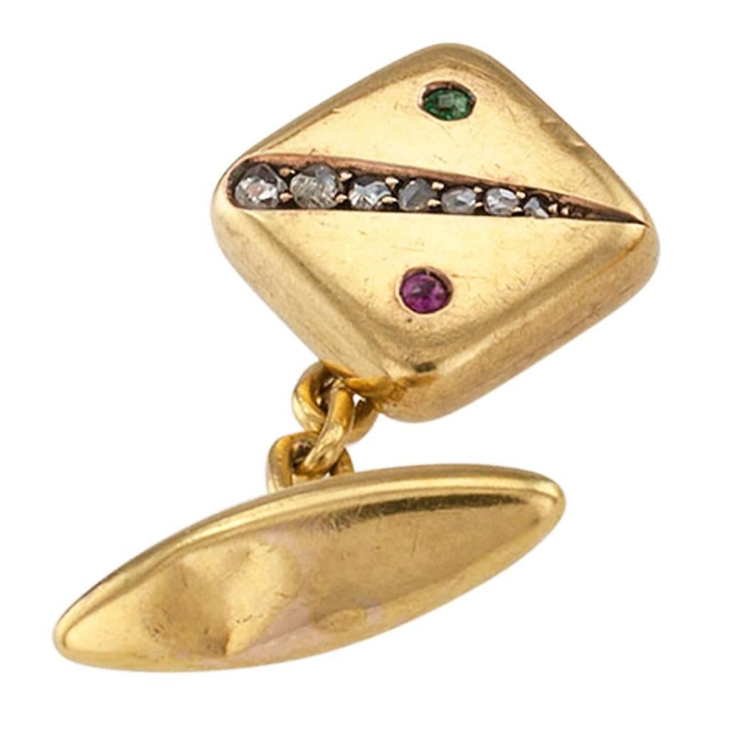 Victorian 1890s Cuff Links Rose Cut Diamonds Emerald Ruby Gold In Good Condition In Los Angeles, CA