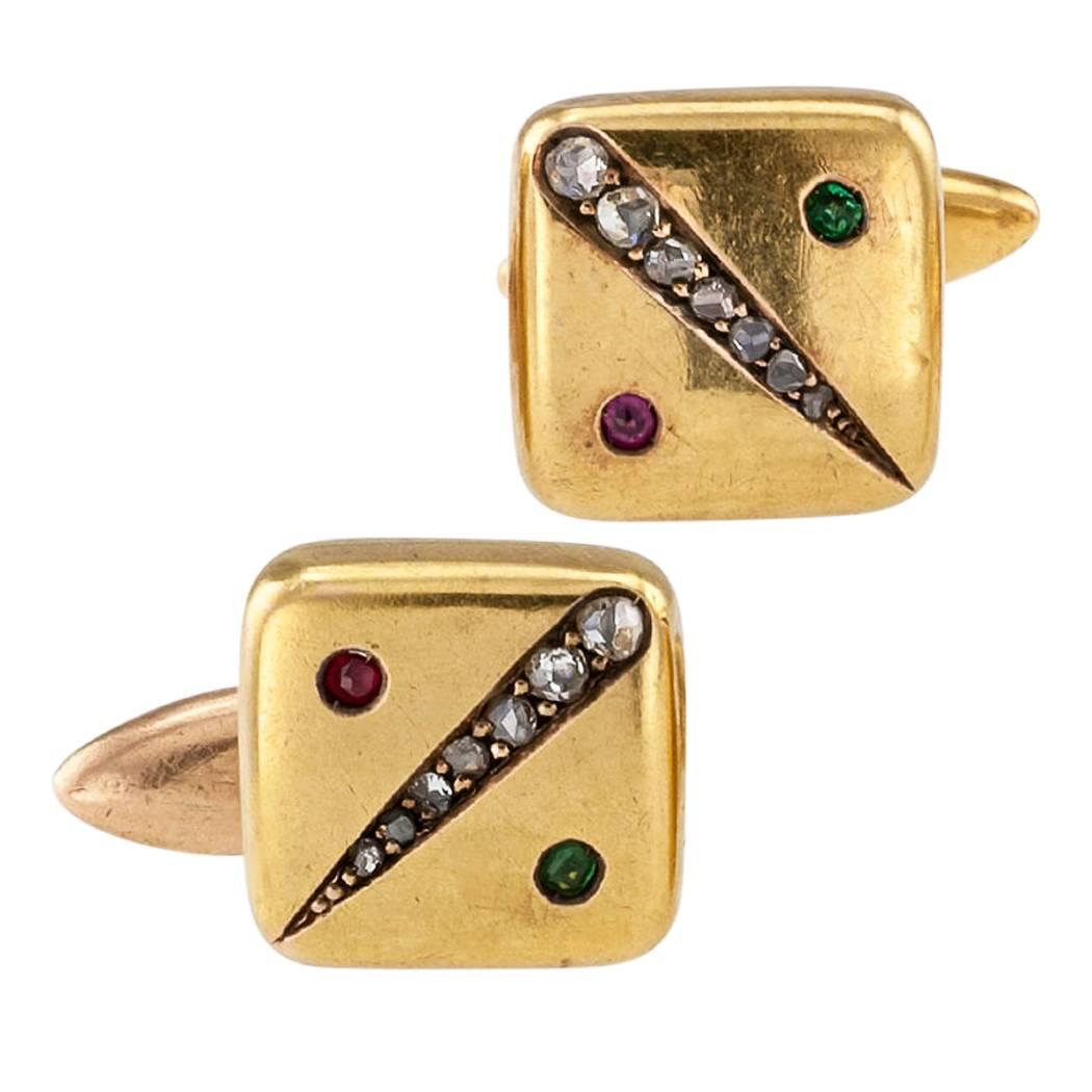 Victorian 1890s Cuff Links Rose Cut Diamonds Emerald Ruby Gold
