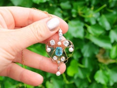 Victorian 1890s Diamond Aquamarine Pearl and Yellow Gold Pendant or Brooch