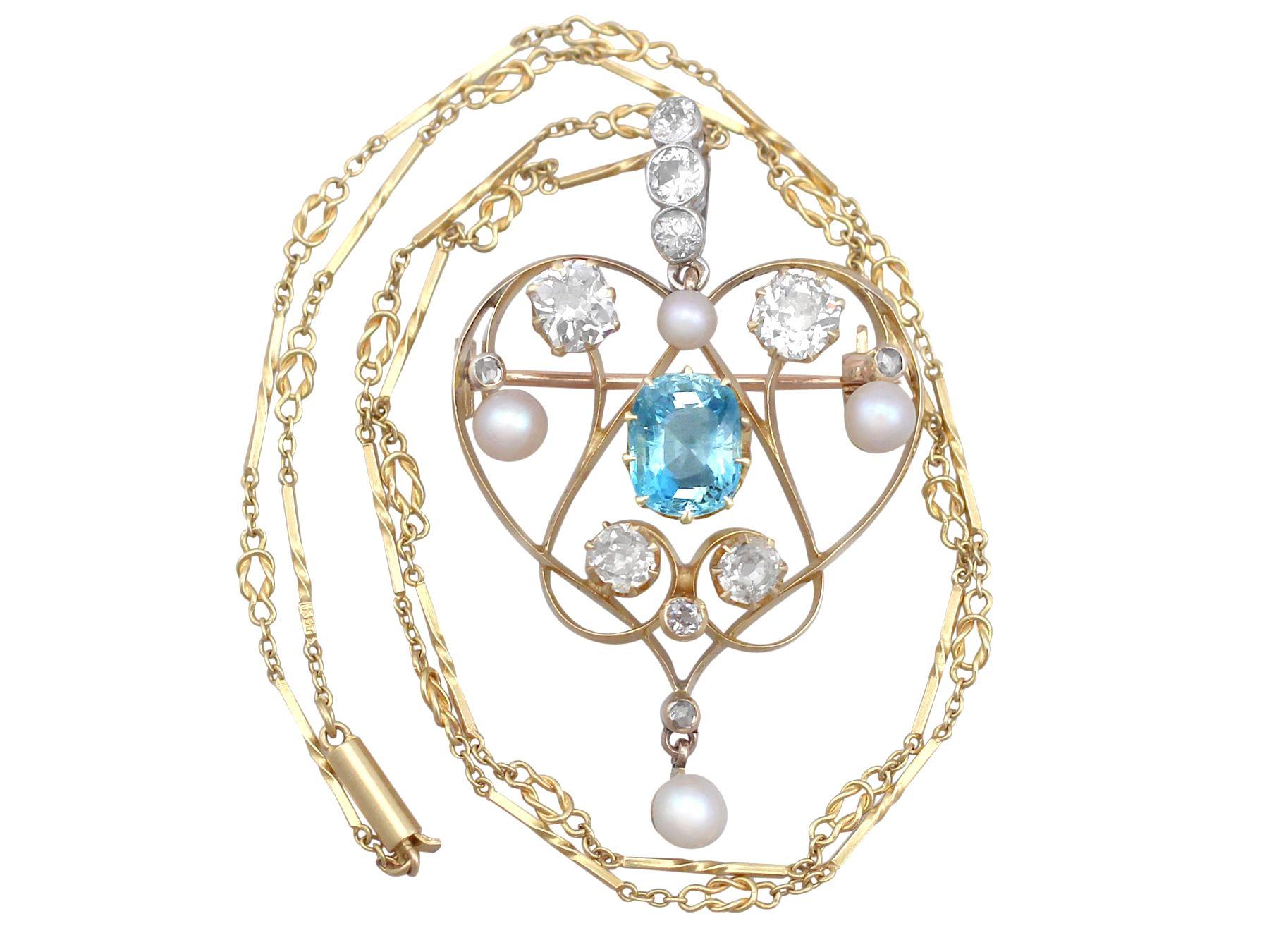 Late Victorian Victorian 1890s Diamond Aquamarine Pearl and Yellow Gold Pendant or Brooch For Sale