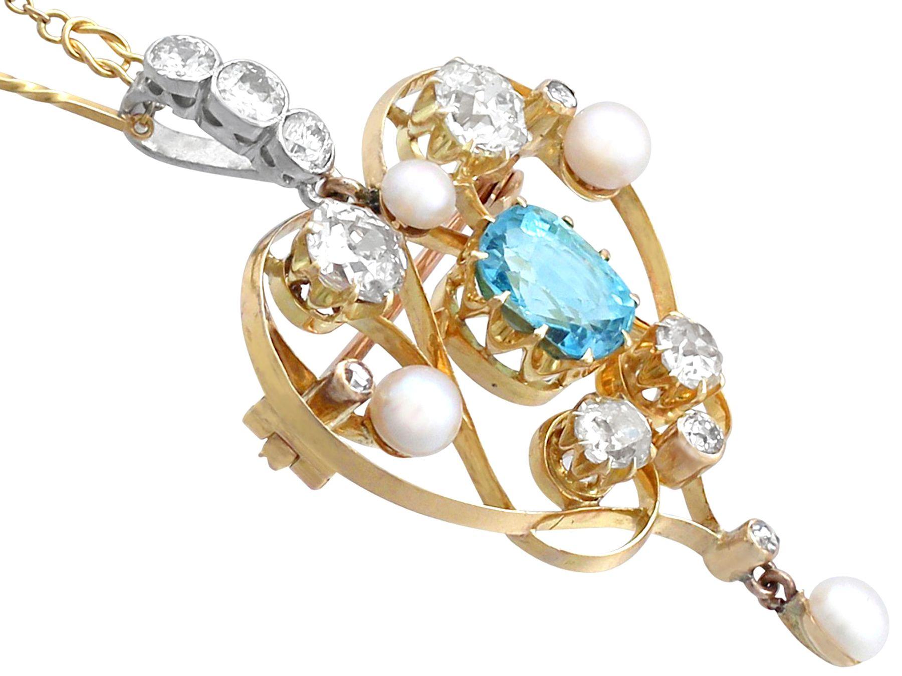 Round Cut Victorian 1890s Diamond Aquamarine Pearl and Yellow Gold Pendant or Brooch For Sale