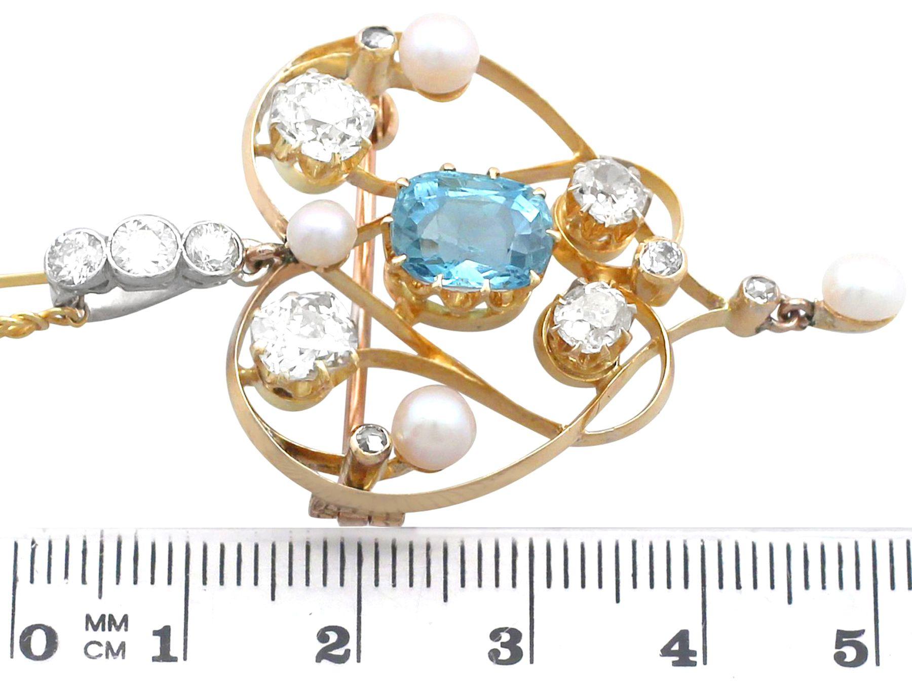 Women's Victorian 1890s Diamond Aquamarine Pearl and Yellow Gold Pendant or Brooch For Sale