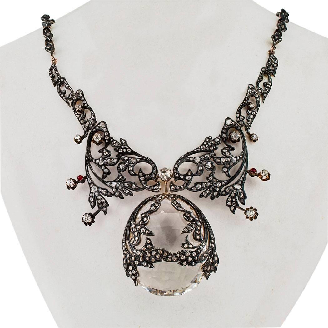 Victorian 1890s Diamond Rock Crystal Ruby Silver Gold Necklace In Good Condition In Los Angeles, CA