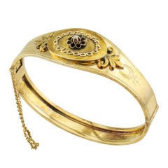 Victorian 1890s Enamel Seed Pearl Hinged Gold Bangle