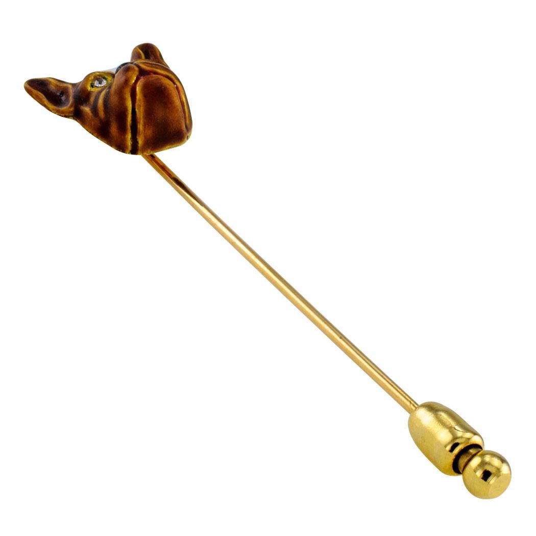 Victorian 1890s French Bulldog stick pin enamel diamond and gold. The dimensional, full-front face design features diamond-set eyes and realistic enameled coloring throughout. A very nice doggie to take for a walk!  It's a real beauty!  Mounted in