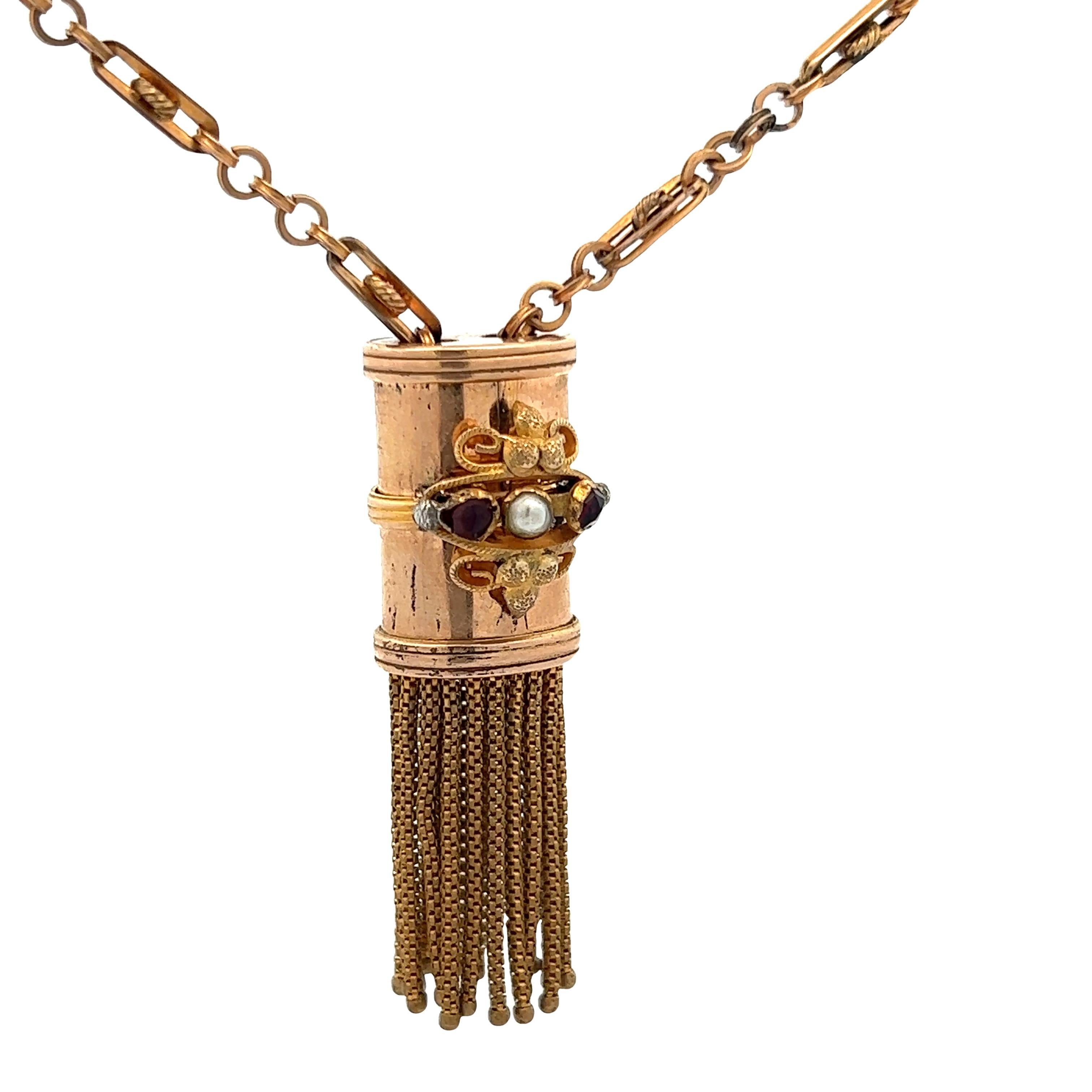 Rose Cut Victorian 1890s Gold Filled Tassel Necklace For Sale