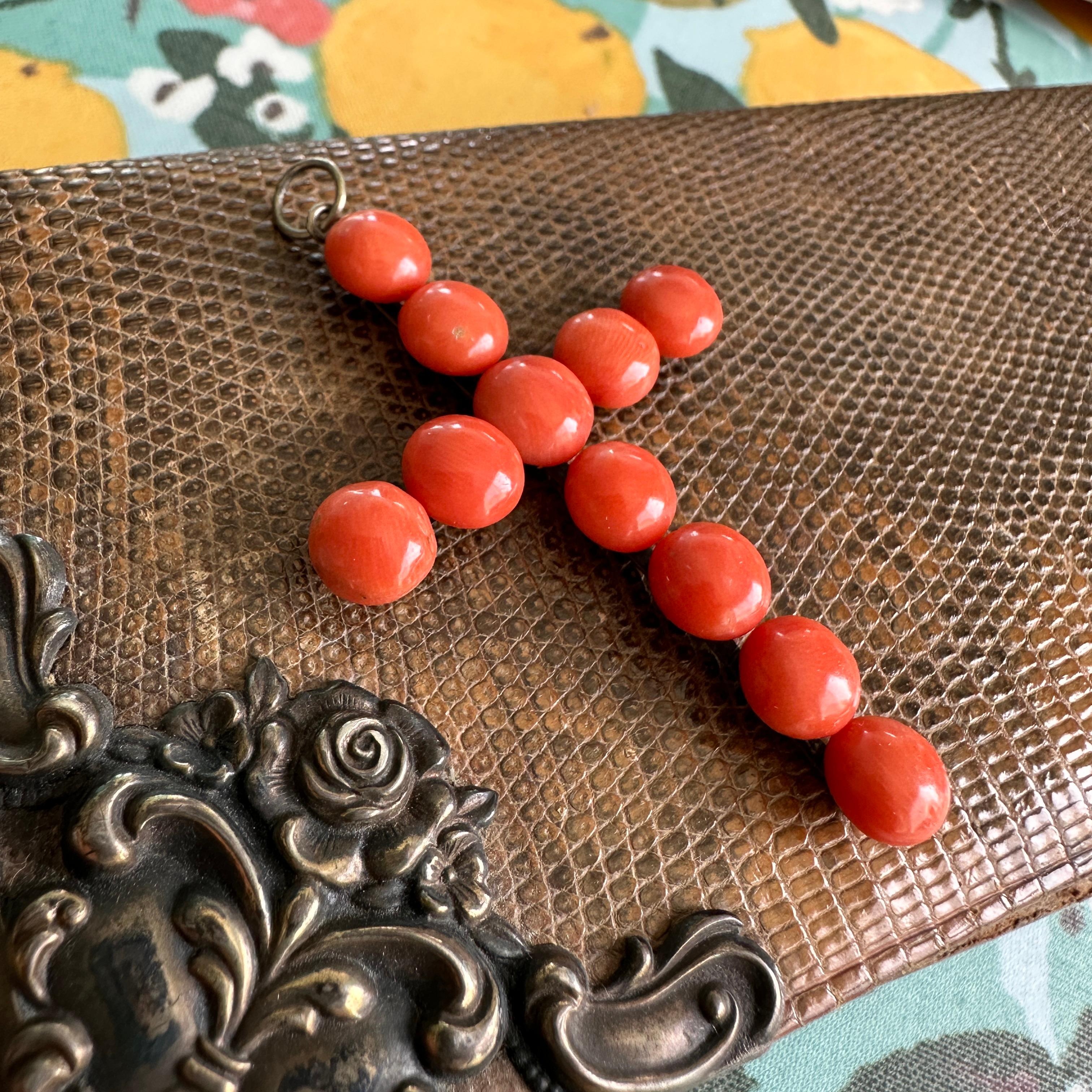 Women's or Men's Victorian 1890's Natural Red Coral Silver Cross For Sale