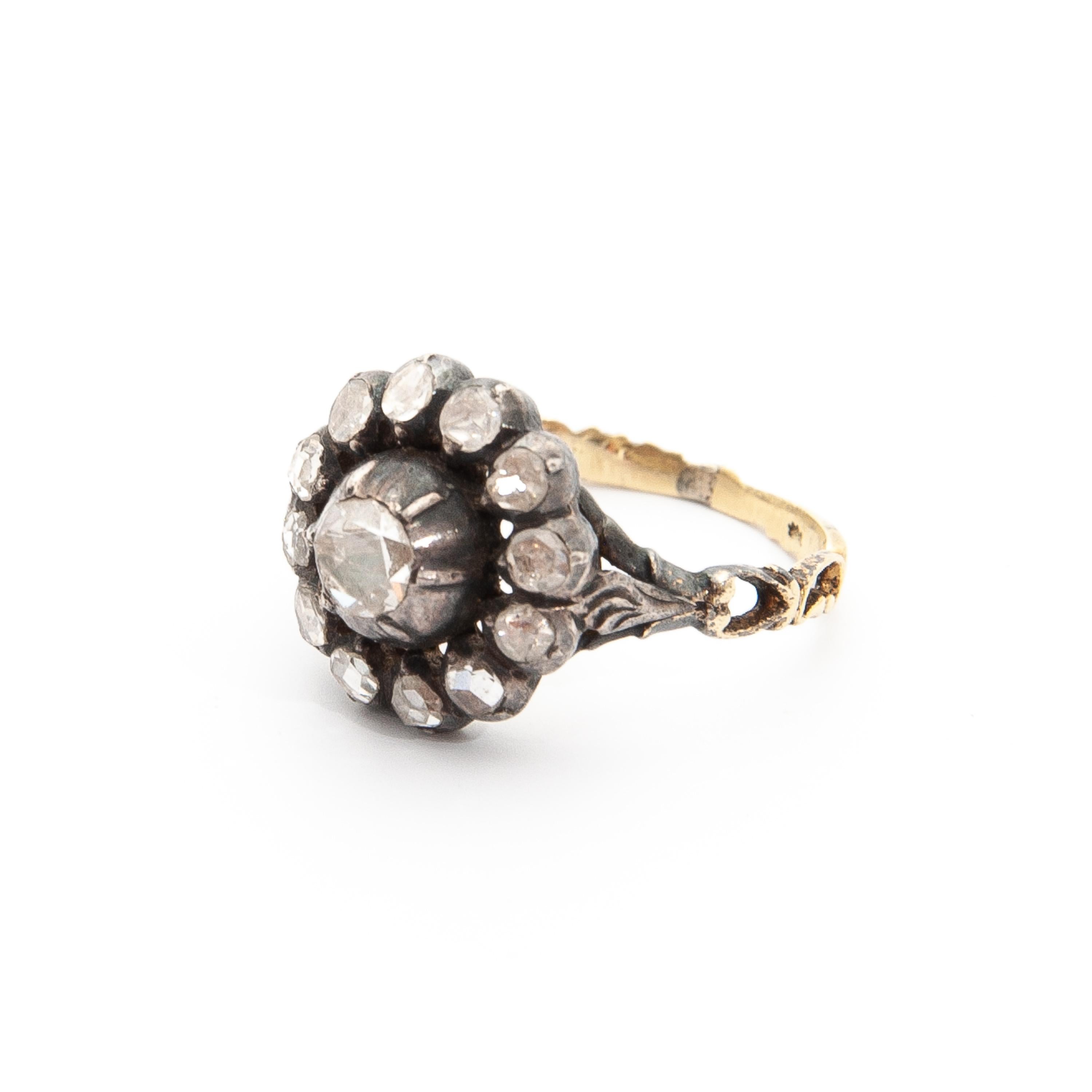 Vintage Rose Cut Diamonds 14K Gold and Silver Ring For Sale 1