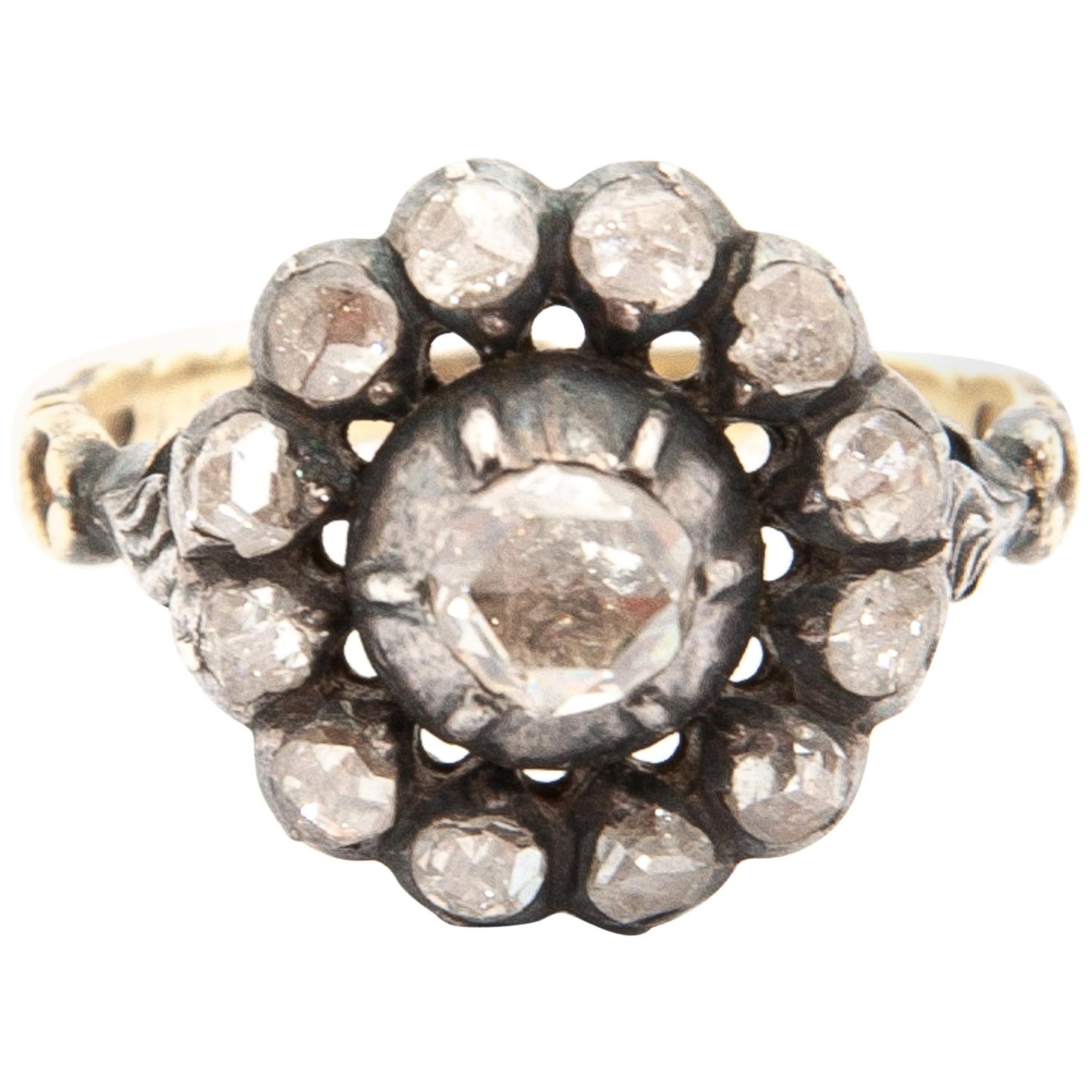 Women's Vintage Rose Cut Diamonds 14K Gold and Silver Ring For Sale