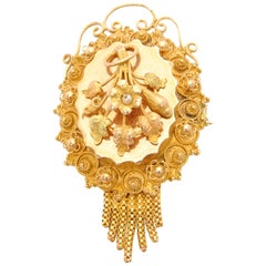 Broche ancienne en or 14 carats avec perles d'Orient et cannetille