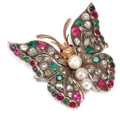 Victorian 1890s Sapphire Ruby Emerald Diamond Natural Pearl Butterfly Brooch
