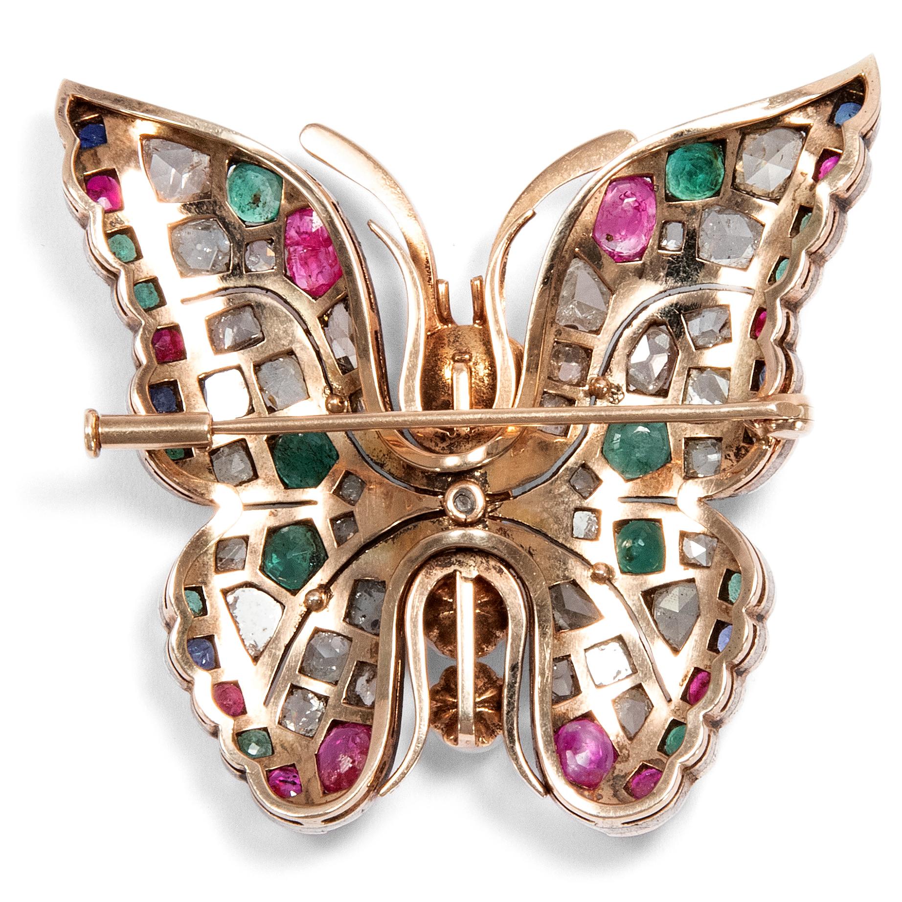Victorian 1890s Sapphire Ruby Emerald Diamond Natural Pearl Butterfly Brooch In Good Condition For Sale In Berlin, Berlin