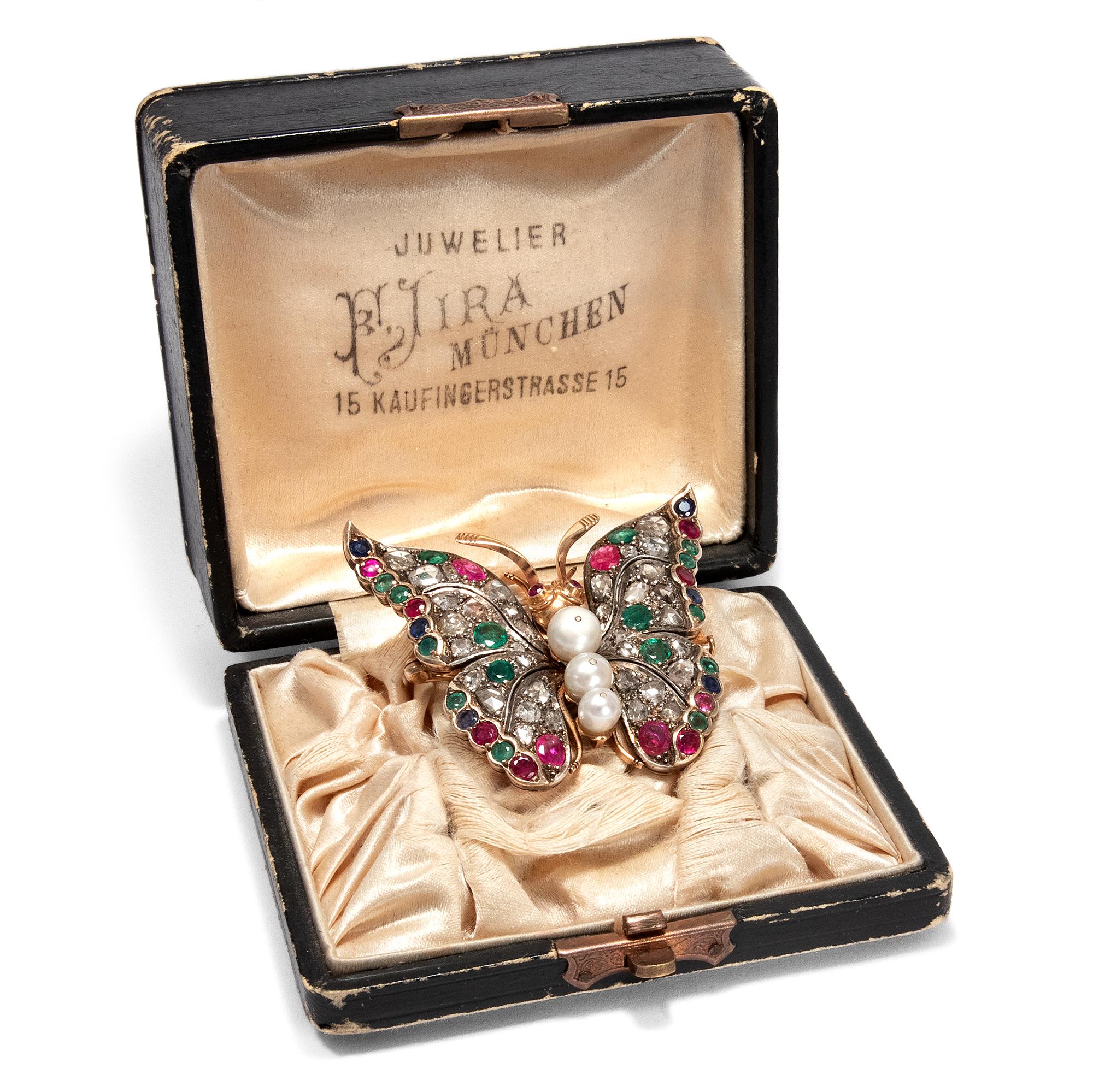 Women's or Men's Victorian 1890s Sapphire Ruby Emerald Diamond Natural Pearl Butterfly Brooch For Sale