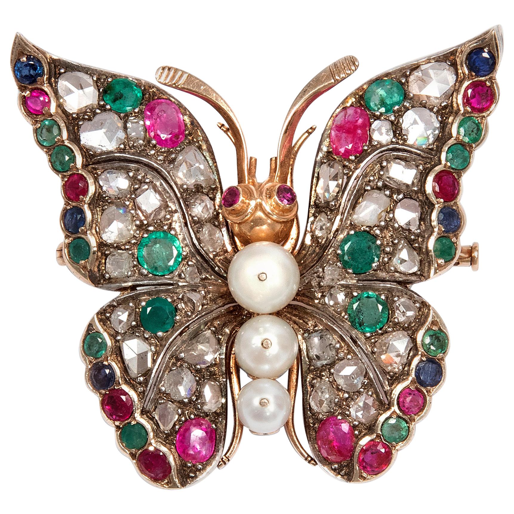 Victorian 1890s Sapphire Ruby Emerald Diamond Natural Pearl Butterfly Brooch For Sale