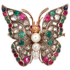 Victorian 1890s Sapphire Ruby Emerald Diamond Natural Pearl Butterfly Brooch