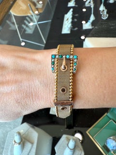 Pulsera-cinturón ajustable de oro de 9K con turquesas y perlas, de la época victoriana de la década de 1890