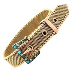 Pulsera-cinturón ajustable de oro de 9K con turquesas y perlas, de la época victoriana de la década de 1890