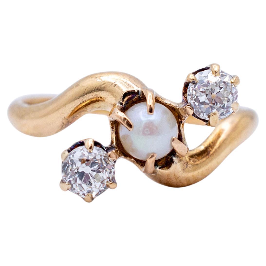 Victorian 1897 18K Yellow Gold Old European Cut Diamond Pearl Cocktail Ring For Sale