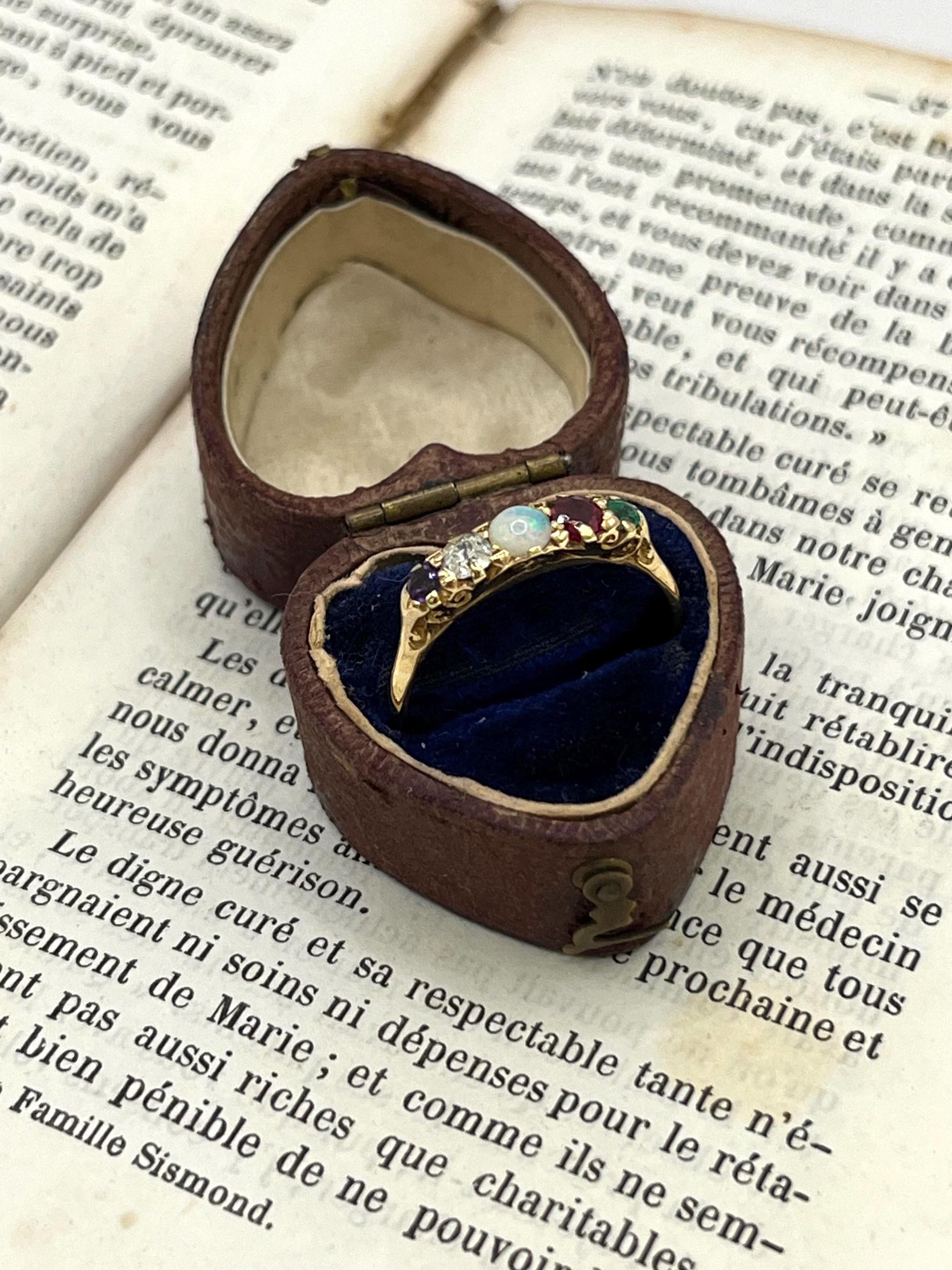 da uomo o donna Anello acrostico vittoriano in oro 18ct, ADORE Ametista, Diamante, Opale, Rubino e Smeraldo in vendita