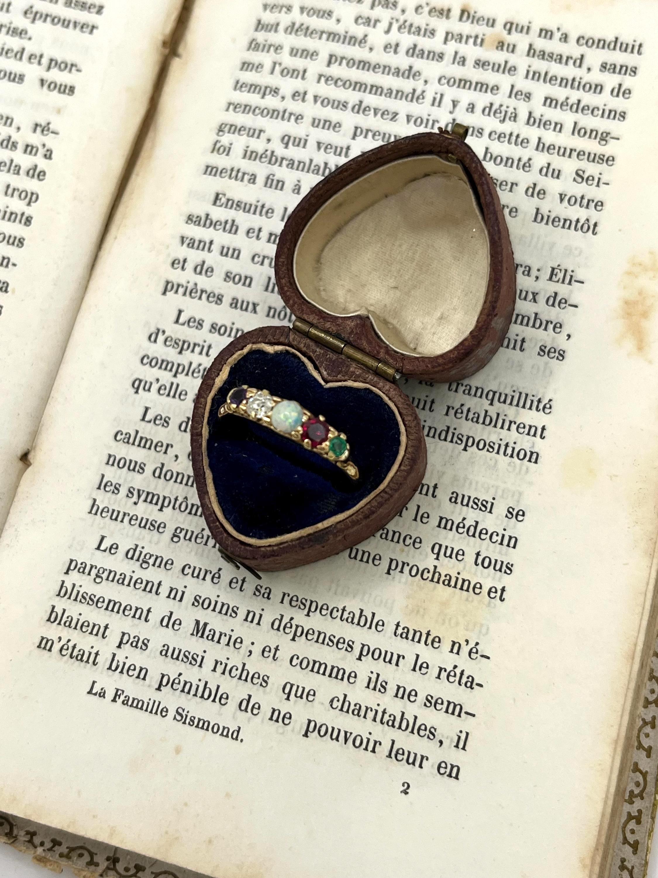 Anello acrostico vittoriano in oro 18ct, ADORE Ametista, Diamante, Opale, Rubino e Smeraldo in vendita 2