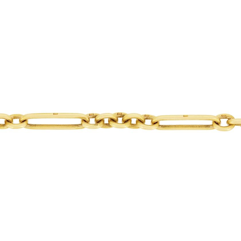 This wonderful Albert chain, dates to the 1880s and features a rare trombone linked design in 18 carat yellow gold. Weighing 54 grams this beautiful example of an Albert chain is 17.5