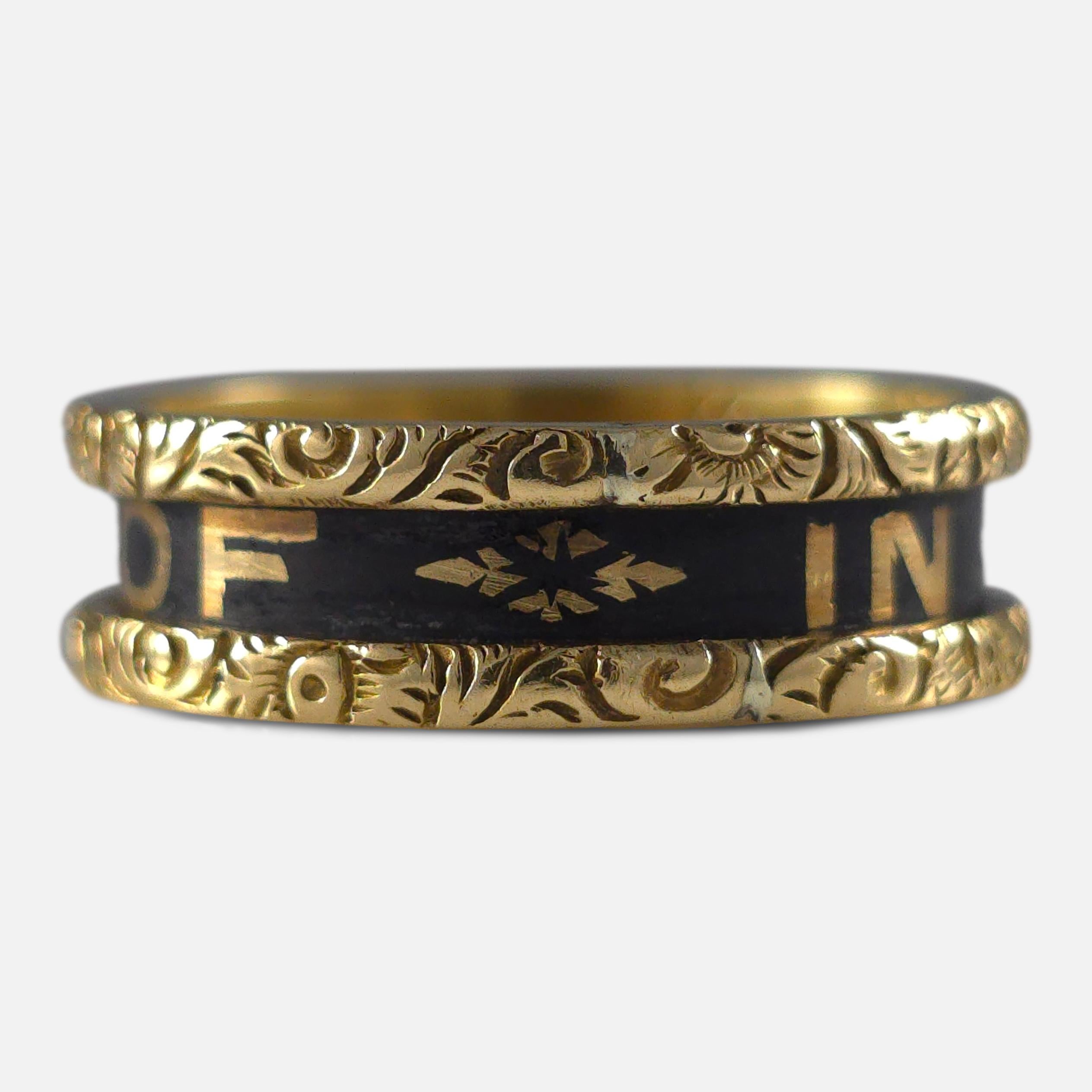 Victorian 18ct yellow gold and black enamel memorial mourning ring, inscribed with 'IN MEMORY OF' within a gold foliate border and 'Mary Alice Holbrey, Born May 12, 1860. Died April 17, 1873' inside. Hallmarked Birmingham, 1874, '18' for 18 carat