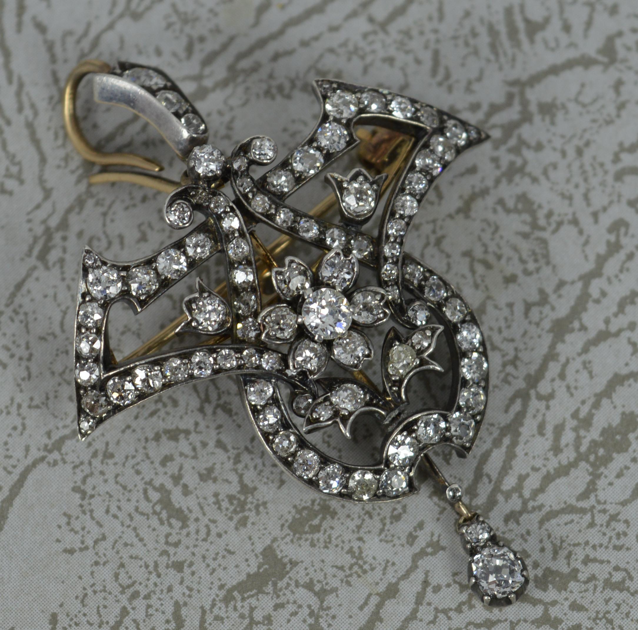 Old European Cut Victorian 18 Carat Gold and Silver 2.85 Carat Vs Old Cut Diamond Pendant Brooch