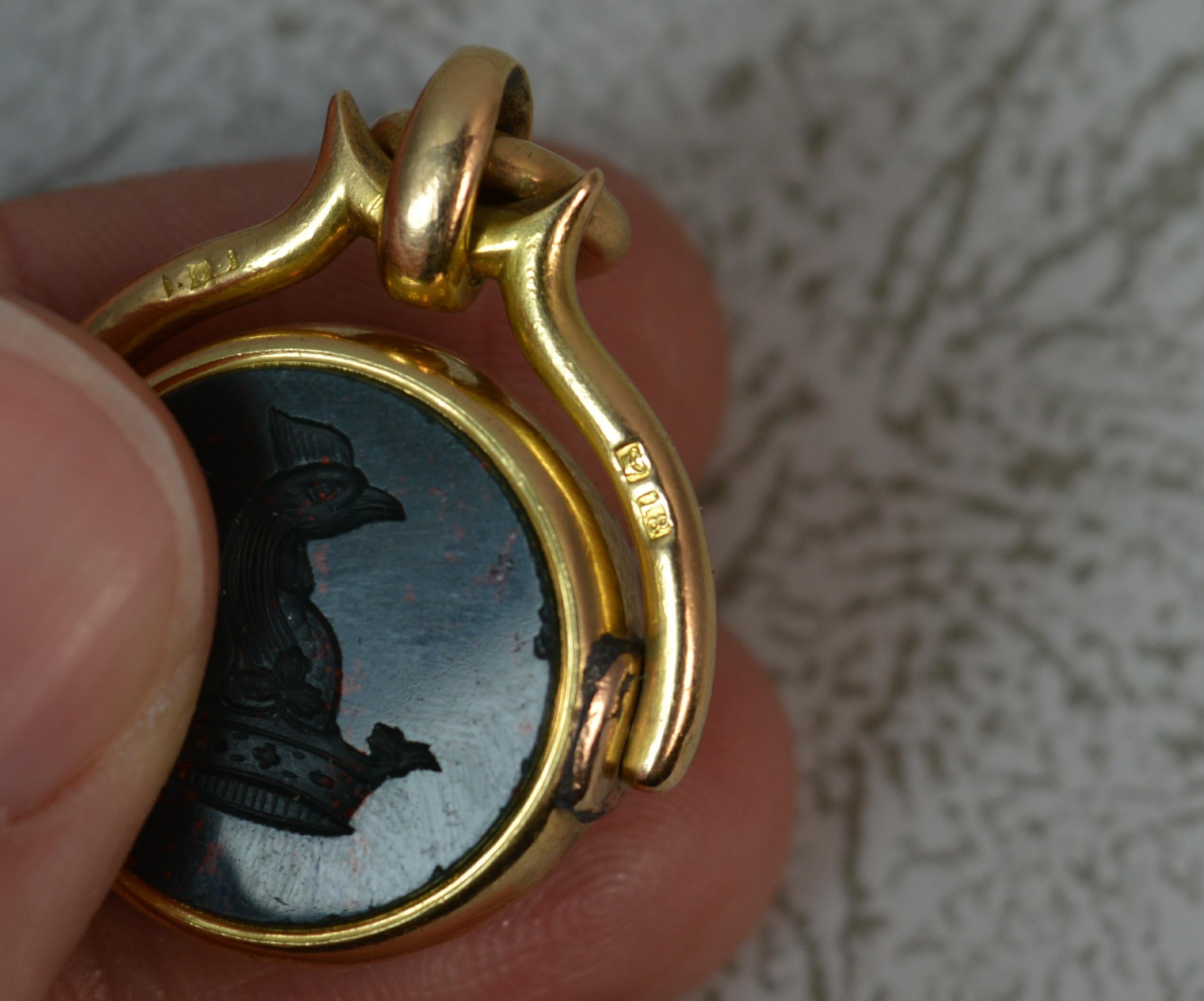 Victorian 18 Carat Gold Bloodstone Intaglio Pocket Watch Swivel Fob Pendant 6