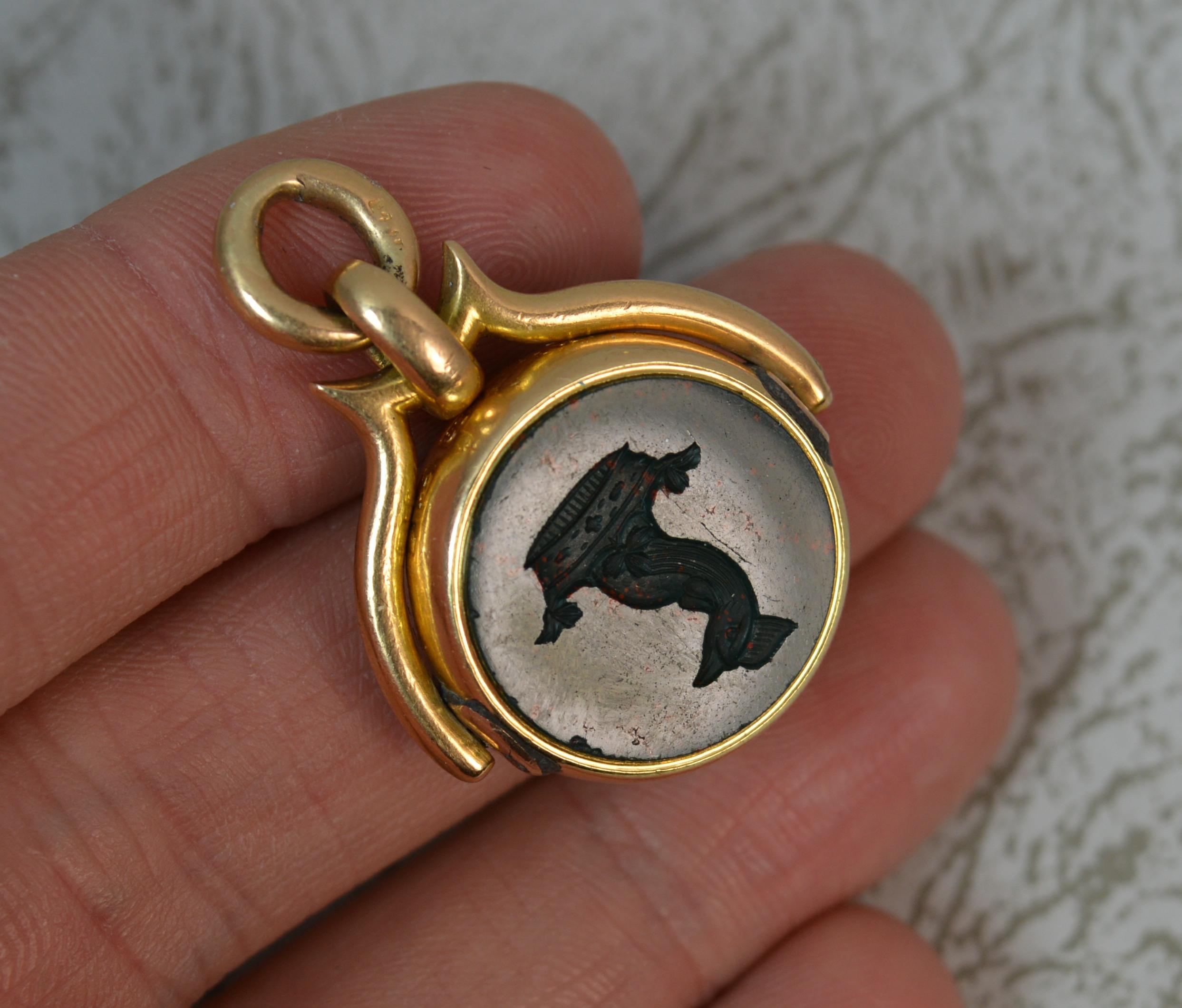 Victorian 18 Carat Gold Bloodstone Intaglio Pocket Watch Swivel Fob Pendant In Fair Condition In St Helens, GB