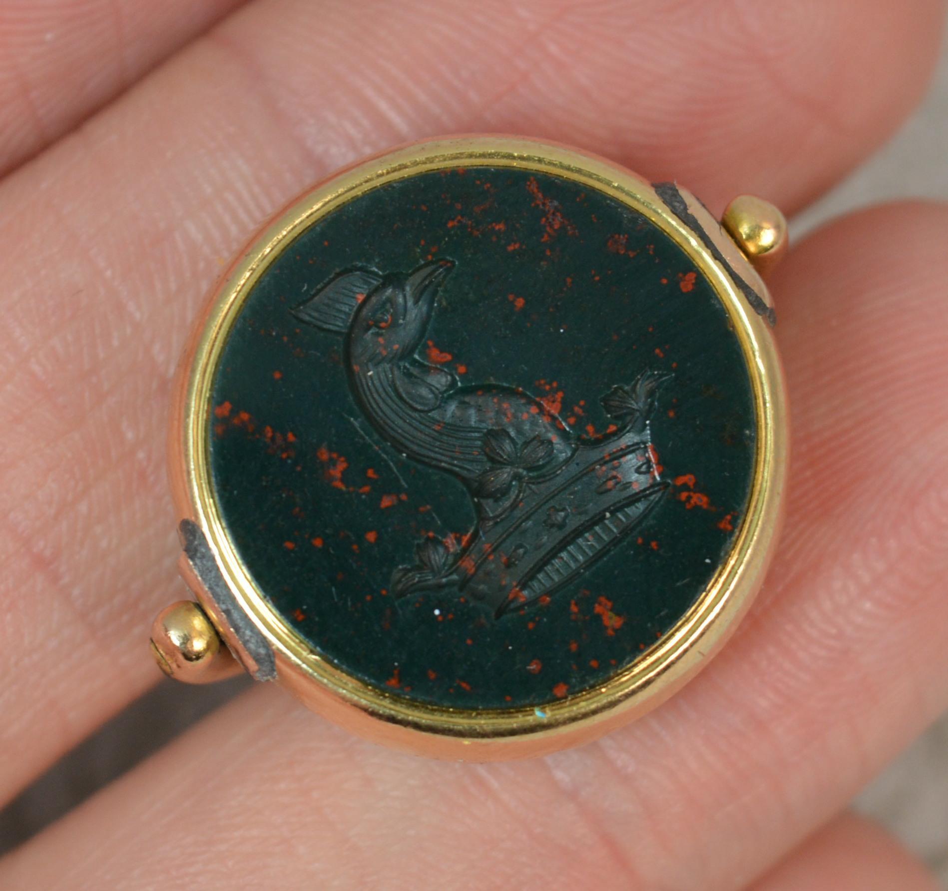 Victorian 18 Carat Gold Bloodstone Intaglio Pocket Watch Swivel Fob Pendant 4