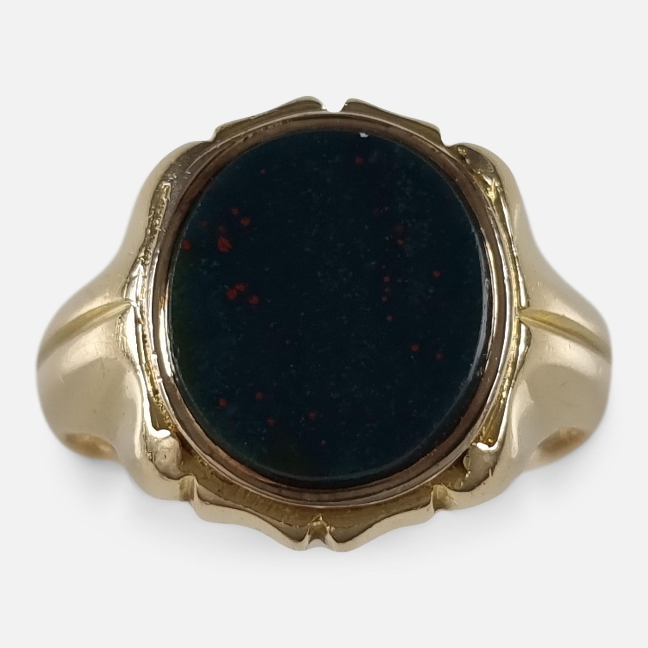 A Victorian 18ct yellow gold oval bloodstone signet ring.

The ring is hallmarked with Birmingham marks, date letter 'T' to denote 1868, and stamped '18' for 18 carat gold.

Period: - Late 19th century.

Date: - 1868.

Engraving: - None.

Maker: -