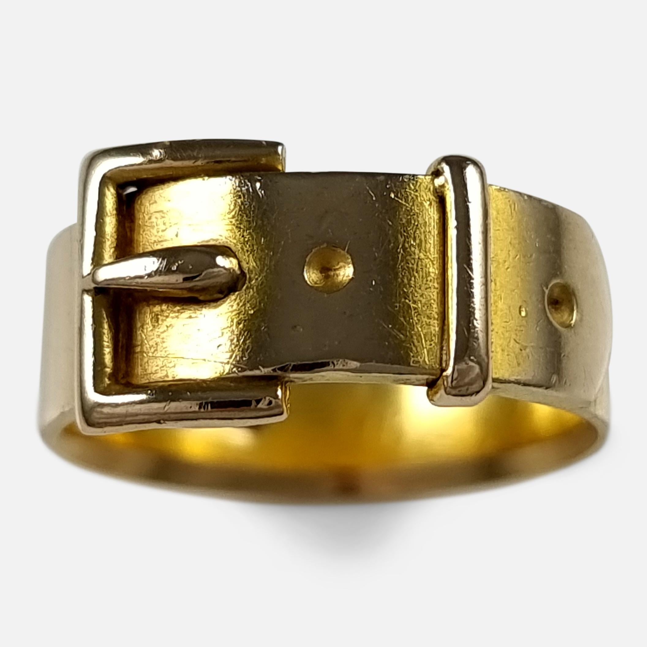 A Victorian 18ct yellow gold buckle ring.

The ring is hallmarked with Birmingham assay marks, stamped '18' to denote 18ct gold, and date stamp 'P' for 1889.

Period: - Late 19th Century.

Date: - 1889.

Engraving: - The ring is