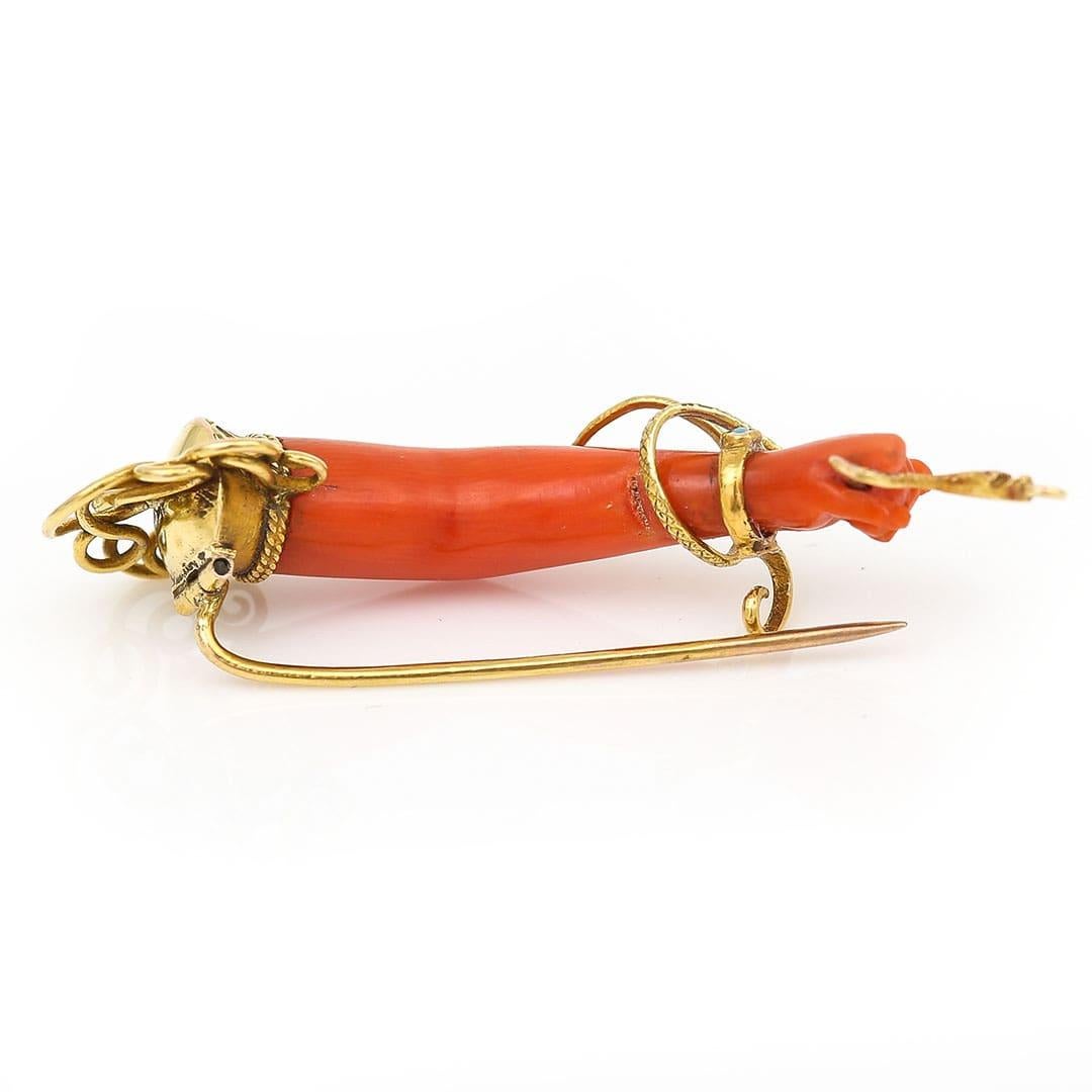 Victorian 18ct Gold Coral and Turquoise Figa Hand Brooch Circa 1860 In Good Condition In Lancashire, Oldham