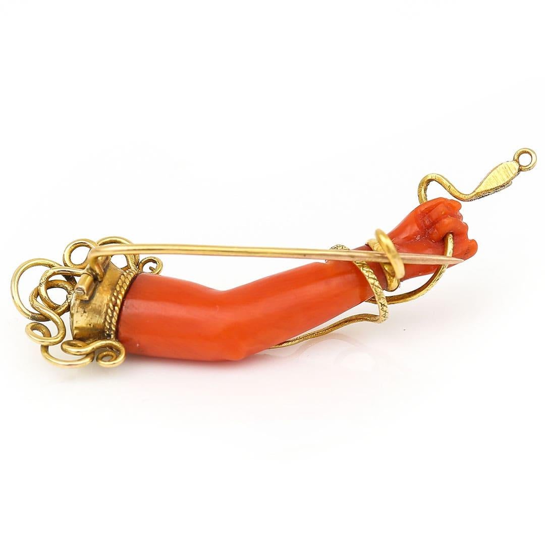 Women's or Men's Victorian 18ct Gold Coral and Turquoise Figa Hand Brooch Circa 1860