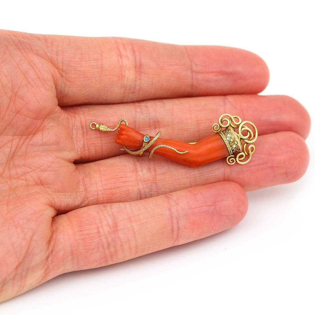 Victorian 18ct Gold Coral and Turquoise Figa Hand Brooch Circa 1860 2