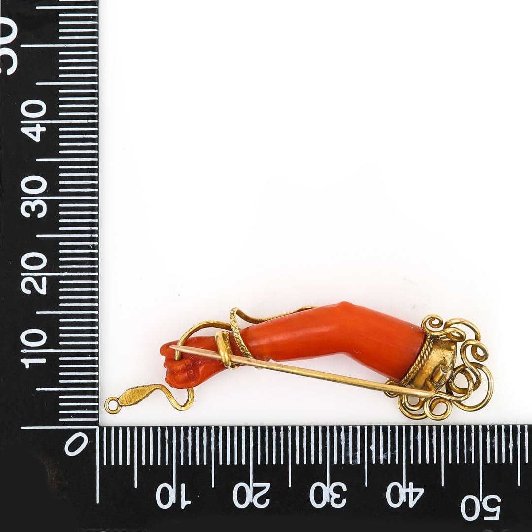Victorian 18ct Gold Coral and Turquoise Figa Hand Brooch Circa 1860 4
