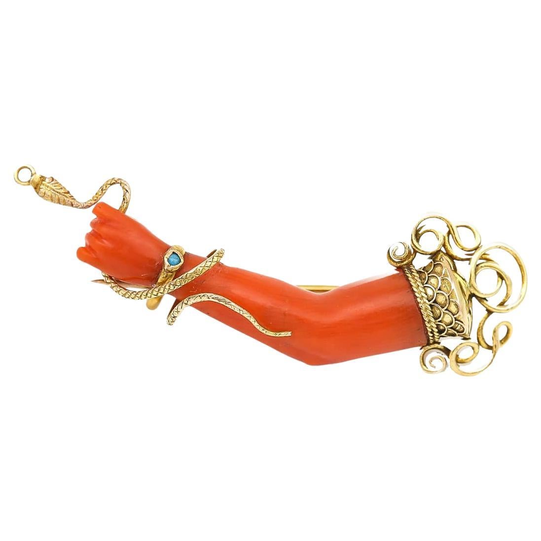 Victorian 18ct Gold Coral and Turquoise Figa Hand Brooch Circa 1860