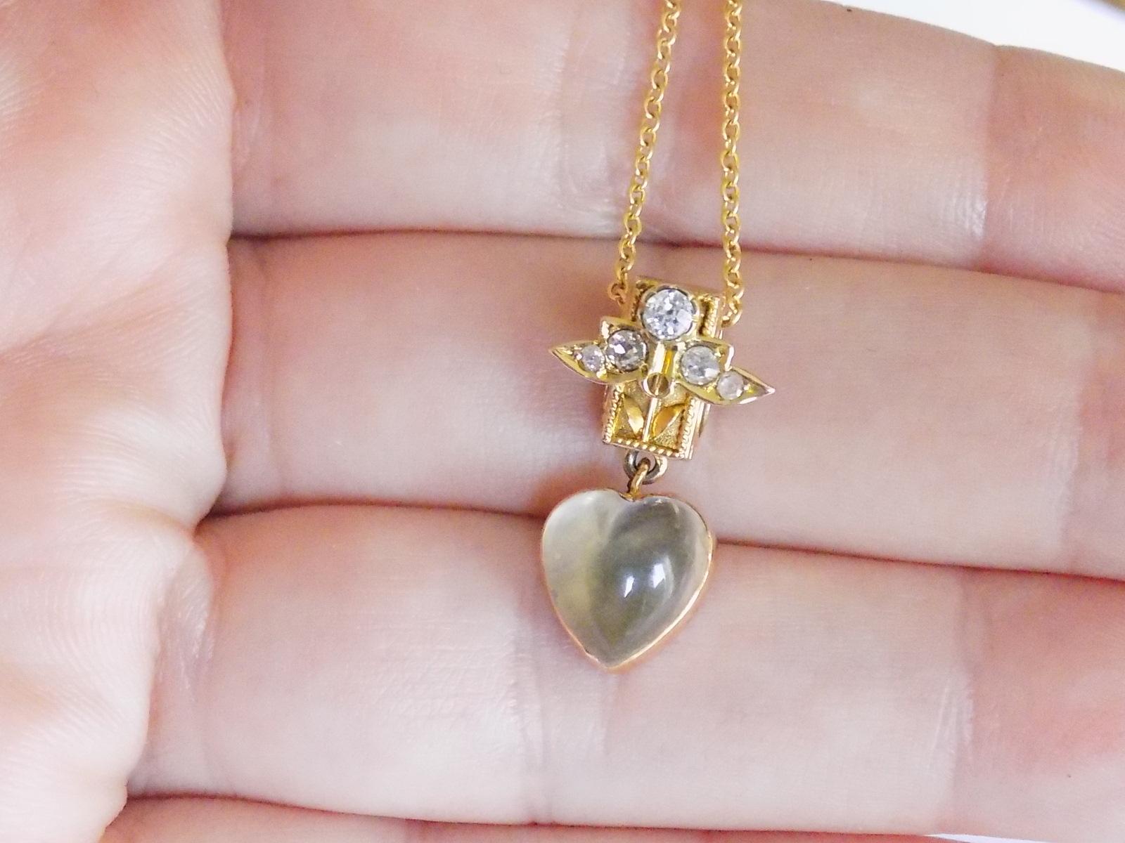Victorian 18 Carat Gold Diamond and Moonstone Heart Pendant 2