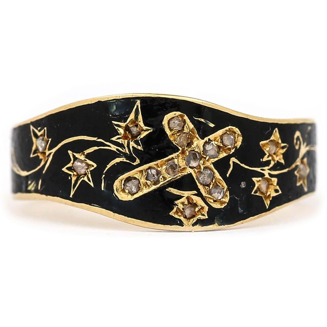 High Victorian Victorian 18ct Gold Diamond Cross and Black Enamel Mourning Ring, Circa 1870